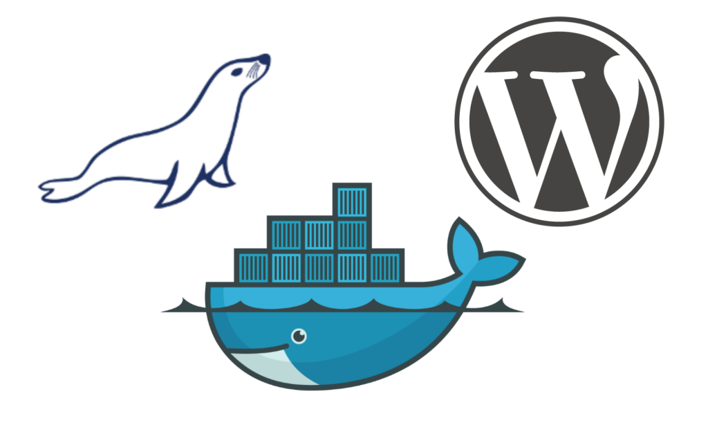 Logos do Docker, MariaDb e Wordpress