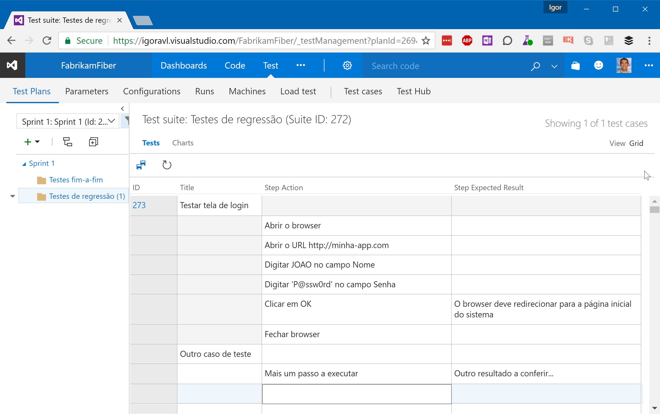 Grade de edição de testes na interface web. É, de longe, a mais rápida e conveniente maneira de cadastrar casos de teste!