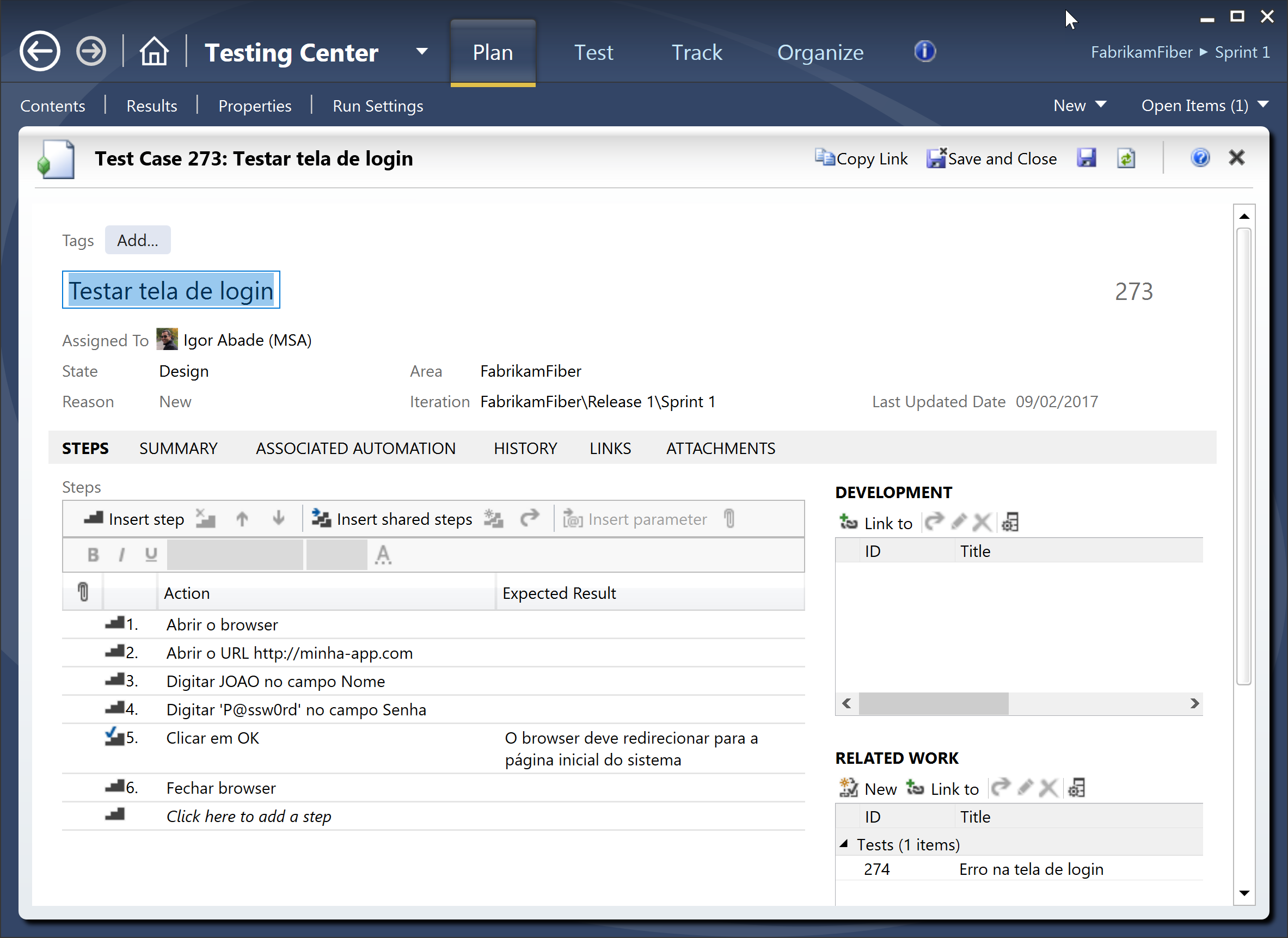 Criando um caso de test no Microsoft Test Manager