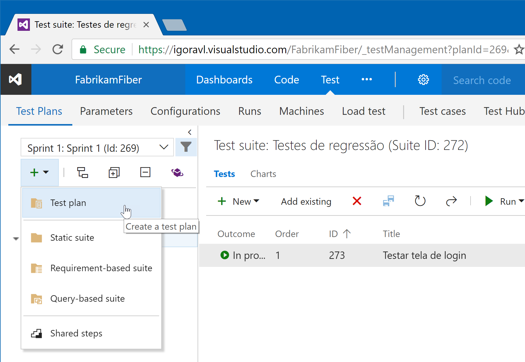 Criação de planos e suítes de testes na interface Web