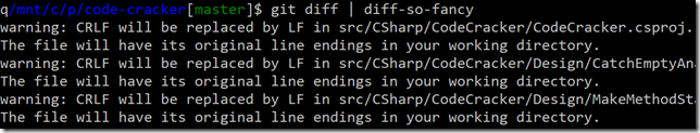 git diff mostrando warnings de CRLF