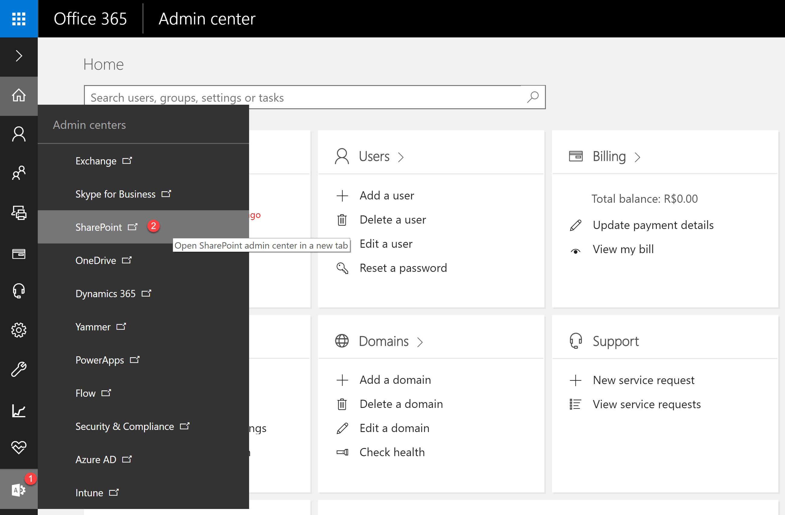 Para acessar a página de administração do SharePoint, clique em Admin Centers (1) e então em SharePoint (2)