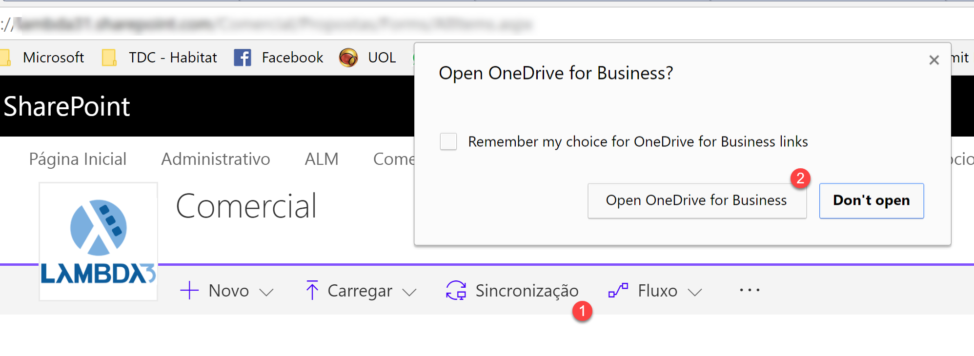 Ao clicar no botão Sincronização (1), o SharePoint tenta usar o antigo OneDrive for Business (2), mesmo que o cliente novo esteja instalado no computador