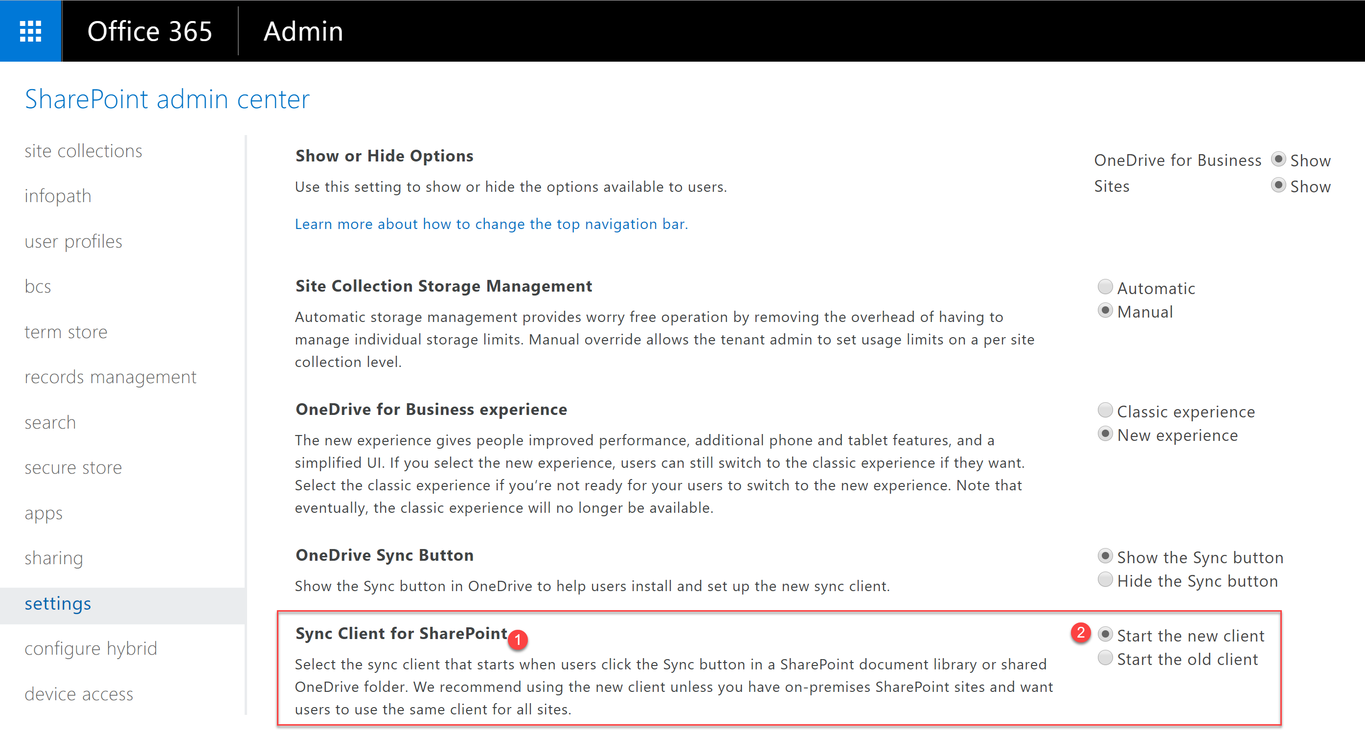 Localize a seção "Sync Client for SharePoint" (1) e então marque a opção "Start the new client"