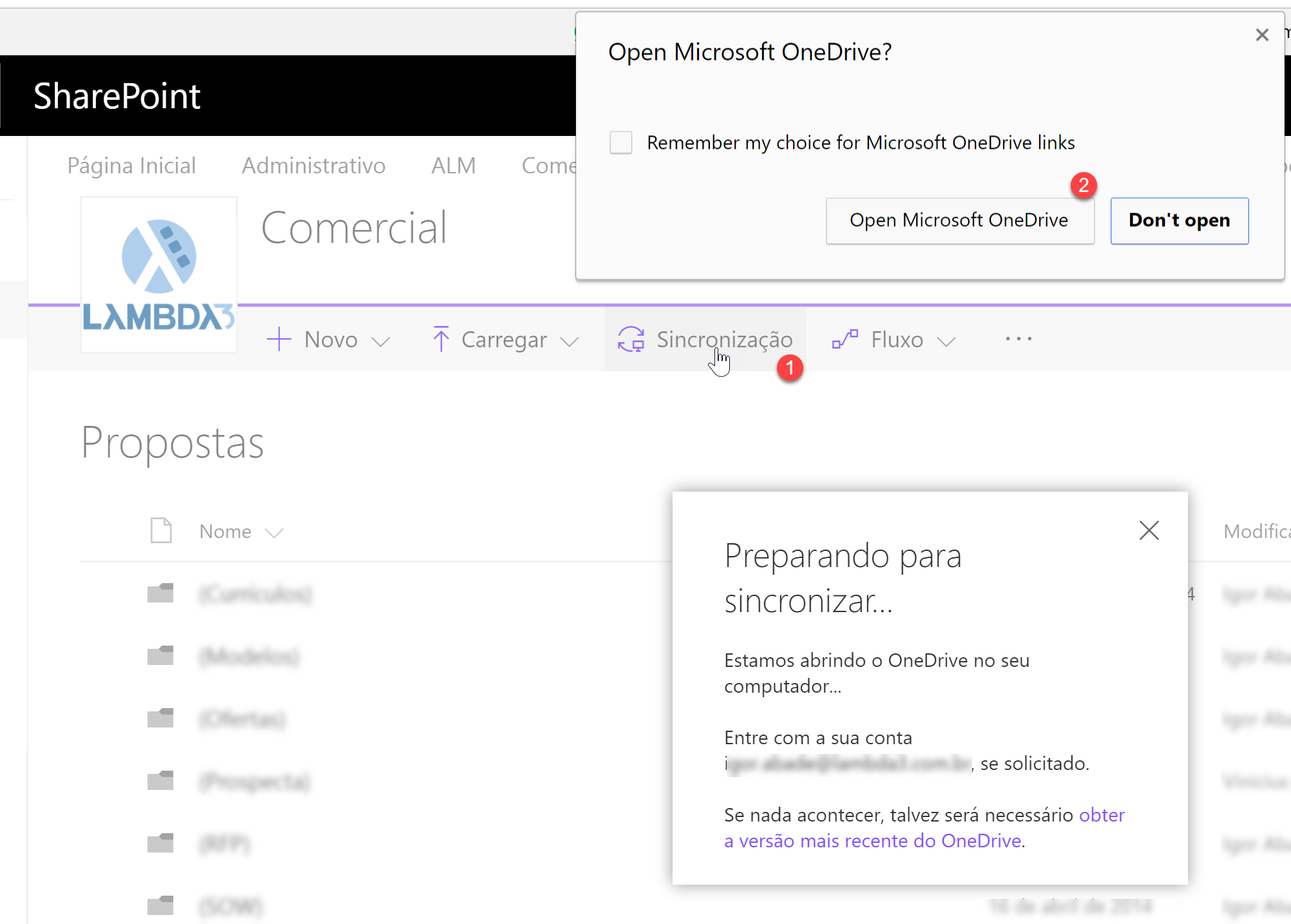 Ao clicar no botão Sincronização de uma biblioteca do SharePoint (1), o cliente usado será o Novo OneDrive (2)