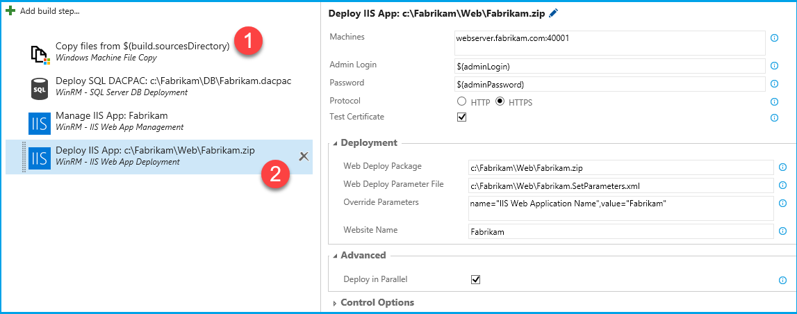 Extensão de deployment via WinRM. Note que é preciso primeiramente usar uma task de cópia de arquivos (1) para transferir o conteúdo do web site para um diretório temporário no servidor remoto antes de fazer a instalação propriamente dita no IIS (2)