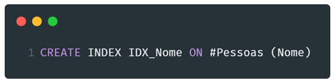 Imagem com a instrução SQL para criar um índice na coluna computada “Nome”. CREATE INDEX IDX_Nome ON #Pessoas (Nome)