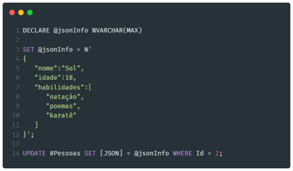 Imagem contendo a instrução SQL para atualizar a pessoa com nome “Kim” e Id igual a 2. A propriedade nome foi atualizada com o valor “Sol”, a idade 18 com as habilidades natação, poemas e karatê.