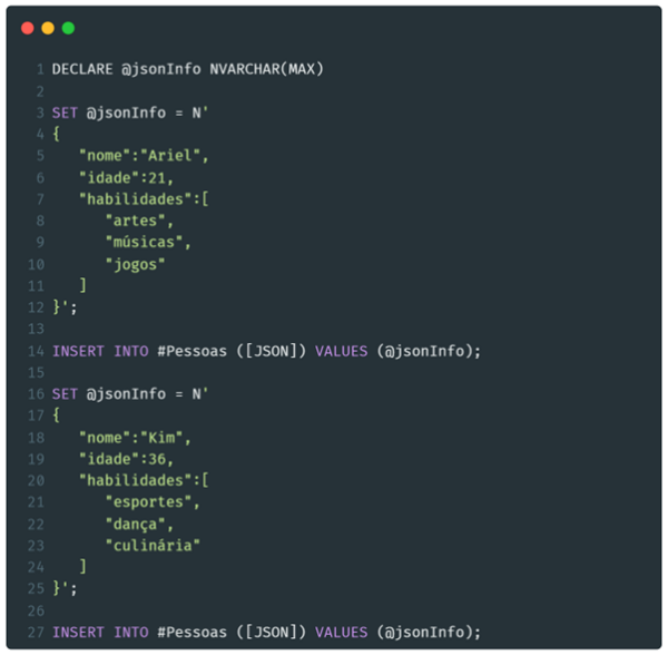 Imagem contendo a declaração SQL para inserir ambas as estruturas JSON na tabela #Pessoas.